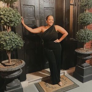 EXPRESS Velvet One Shoulder Ruched Wide Leg Jumpsuit